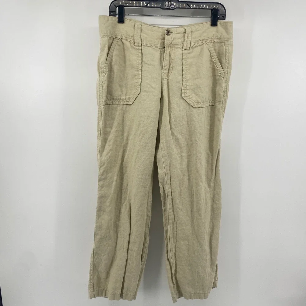 Banana Republic Linen Pants Womens 10 Beige Straight Leg Patch Pocket